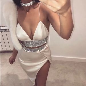 Meshki rhinestone cream beige skirt side slit